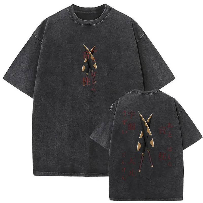 Washed Vintage Anime Demon Slayer Kokushibo Double Sided Print T Shirt Men Women Clothing High Quality Cotton Oversized T-shirts