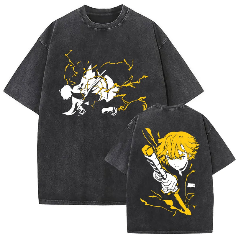Washed Vintage Anime Demon Slayer Uzui Tengen Eyes Graphic T-shirt Men Women Casual 100% Cotton T-shirts Male Oversized T Shirt