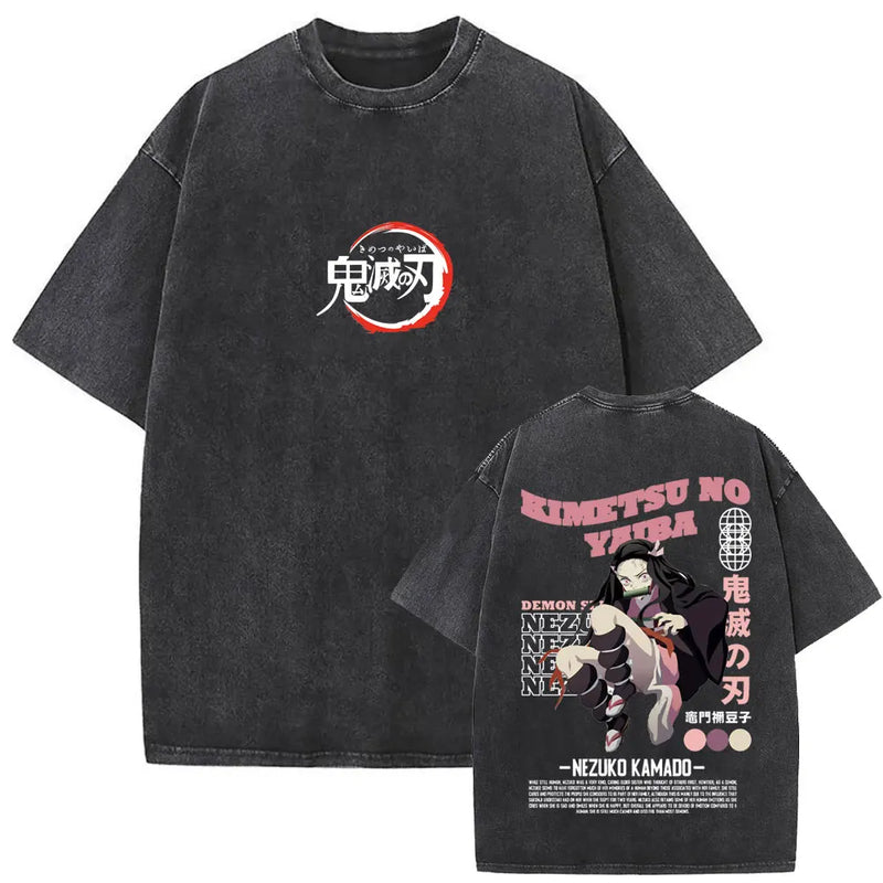Washed Vintage Anime Demon Slayer Uzui Tengen Eyes Graphic T-shirt Men Women Casual 100% Cotton T-shirts Male Oversized T Shirt