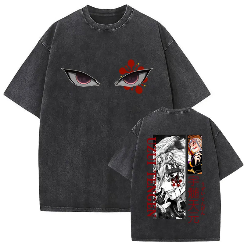 Washed Vintage Anime Demon Slayer Uzui Tengen Eyes Graphic T-shirt Men Women Casual 100% Cotton T-shirts Male Oversized T Shirt