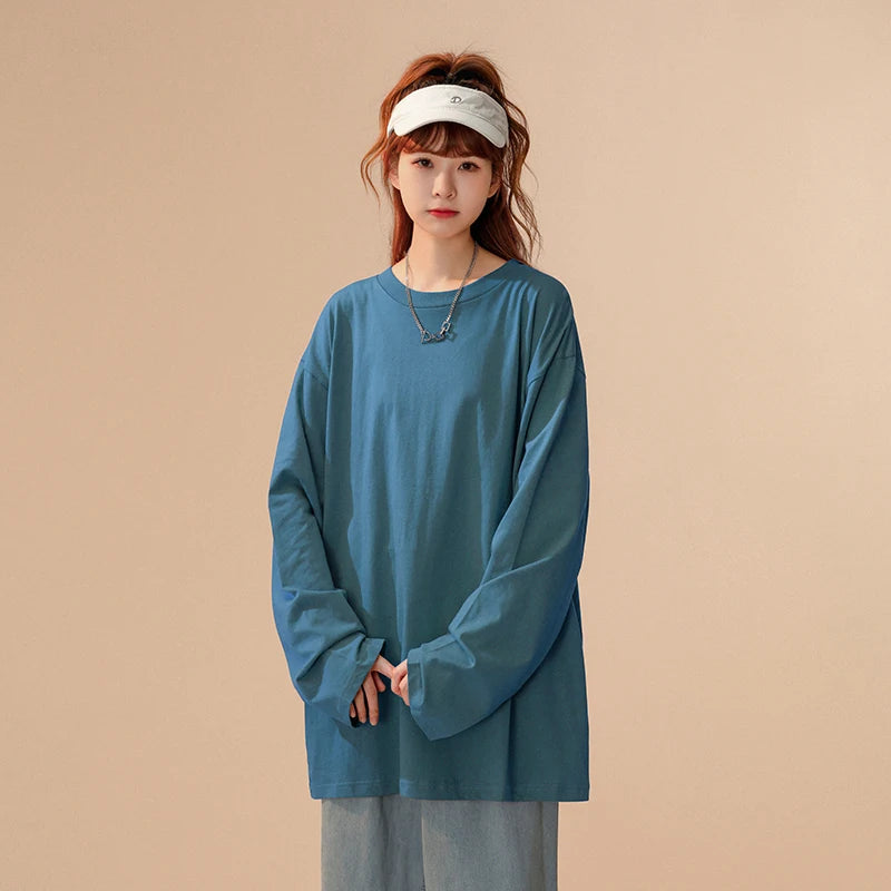 COUTUDI-Oversized T-Shirt for Women, Loose Pullover,Long Sleeve, Casual 100% Cotton Tee Shirt, Lady Tops, Korean Streetwears