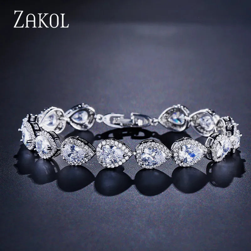 ZAKOL Luxury Water Drop Zirconia Bracelets for Elegant Women Teardrop Charm Bracelet Bridal Wedding Jewelry