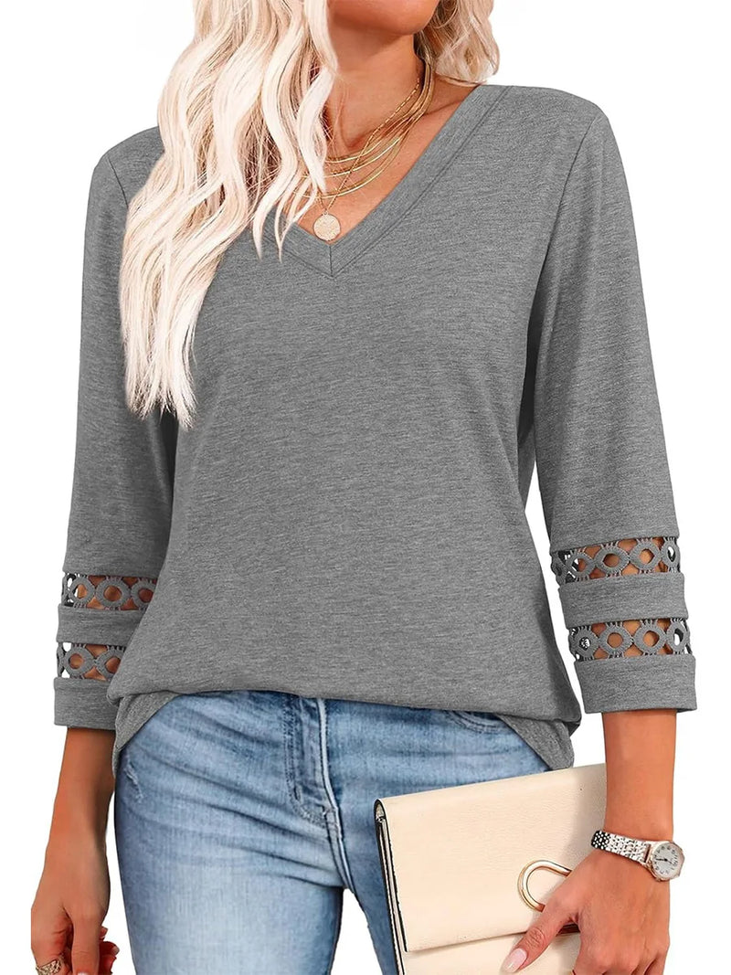 Spring & Autumn Casual V-Neck Blouse – 3/4 Sleeve Women’s Pullover Top