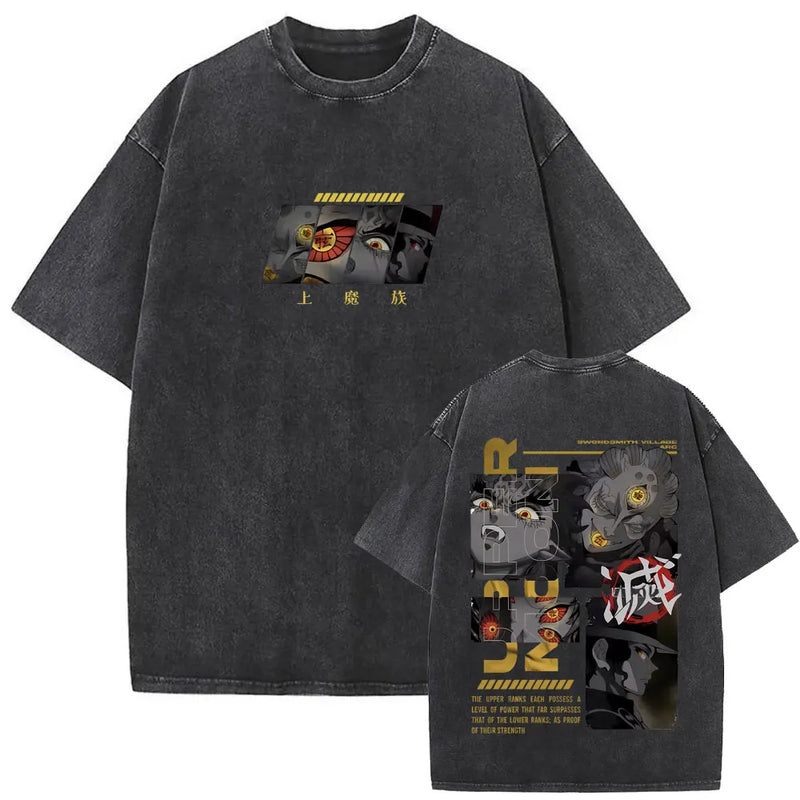 Washed Vintage Anime Demon Slayer Kokushibo Double Sided Print T Shirt Men Women Clothing High Quality Cotton Oversized T-shirts