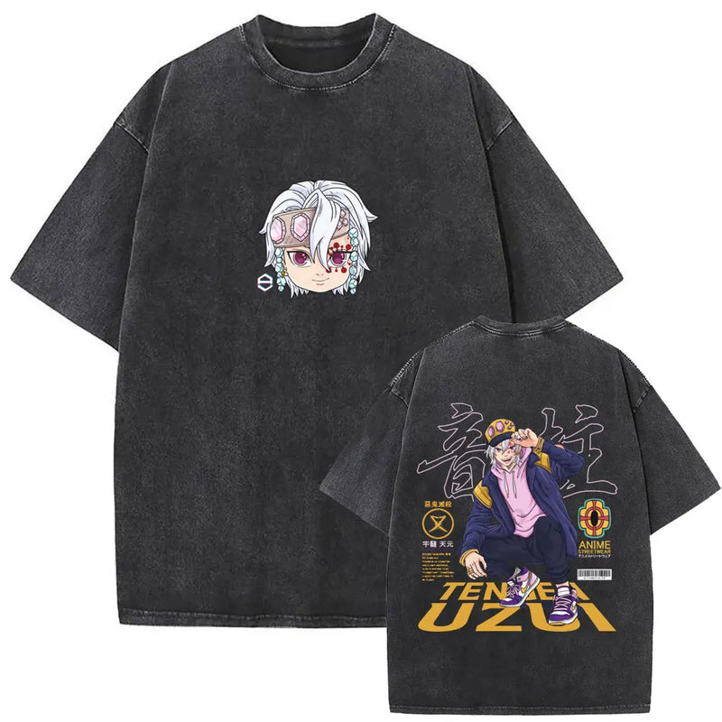 Washed Vintage Anime Demon Slayer Uzui Tengen Eyes Graphic T-shirt Men Women Casual 100% Cotton T-shirts Male Oversized T Shirt