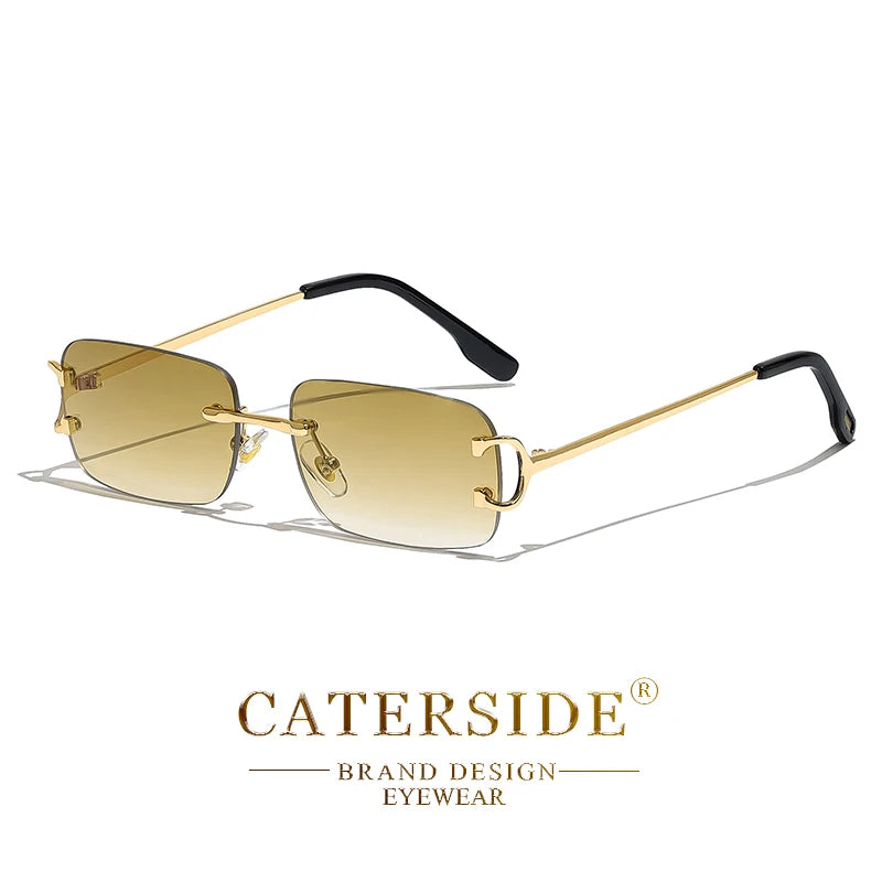 CATERSIDE Blue Rectangular Sunglasses Men Rimless Metal Fashion Square Sun Glasses For Women Gradient Lens Outdoor Eyewear UV400