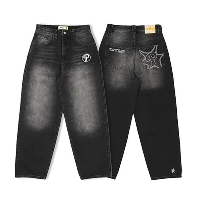 2024 New American Trend Retro Hip-hop Embroidery Pattern Baggy Jeans For Men And Women Y2K Harajuku Gothic Wide Pants Streetwear