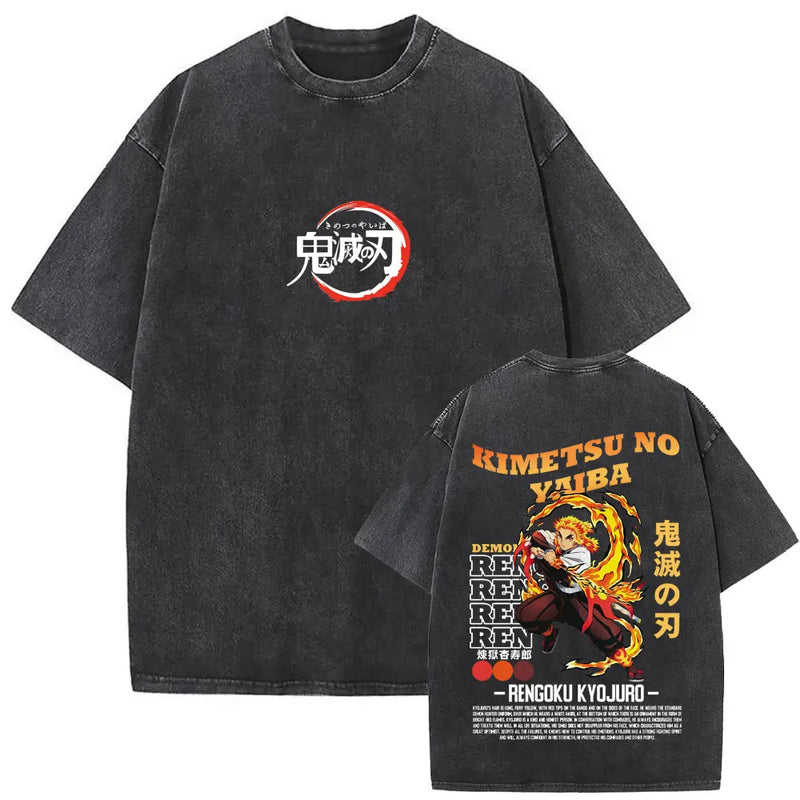 Washed Vintage Anime Demon Slayer Uzui Tengen Eyes Graphic T-shirt Men Women Casual 100% Cotton T-shirts Male Oversized T Shirt