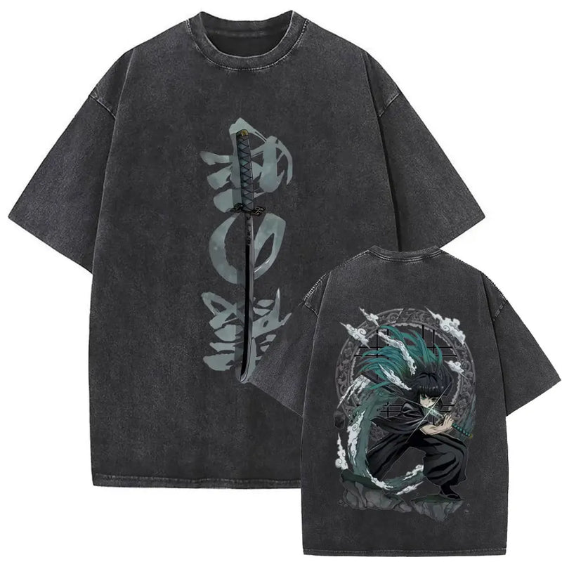 Washed Vintage Anime Demon Slayer Kokushibo Double Sided Print T Shirt Men Women Clothing High Quality Cotton Oversized T-shirts