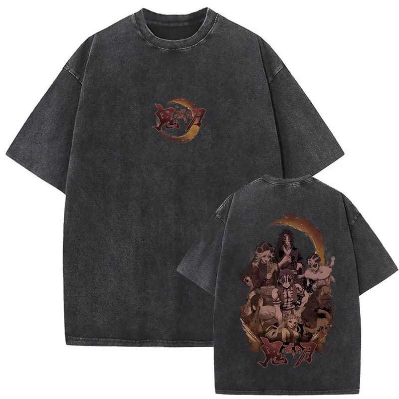 Washed Vintage Anime Demon Slayer Kokushibo Double Sided Print T Shirt Men Women Clothing High Quality Cotton Oversized T-shirts