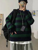 Autumn Winter Knitted Striped Sweater – Oversized Casual Pullover