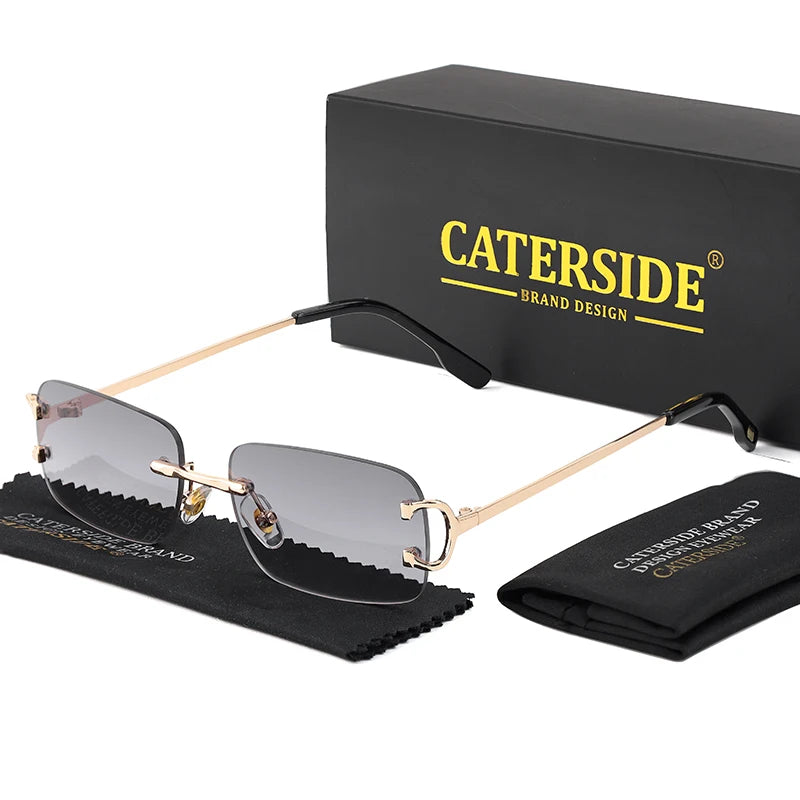 CATERSIDE Blue Rectangular Sunglasses Men Rimless Metal Fashion Square Sun Glasses For Women Gradient Lens Outdoor Eyewear UV400
