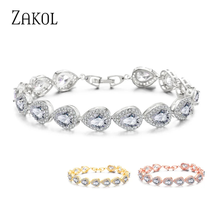 ZAKOL Luxury Water Drop Zirconia Bracelets for Elegant Women Teardrop Charm Bracelet Bridal Wedding Jewelry