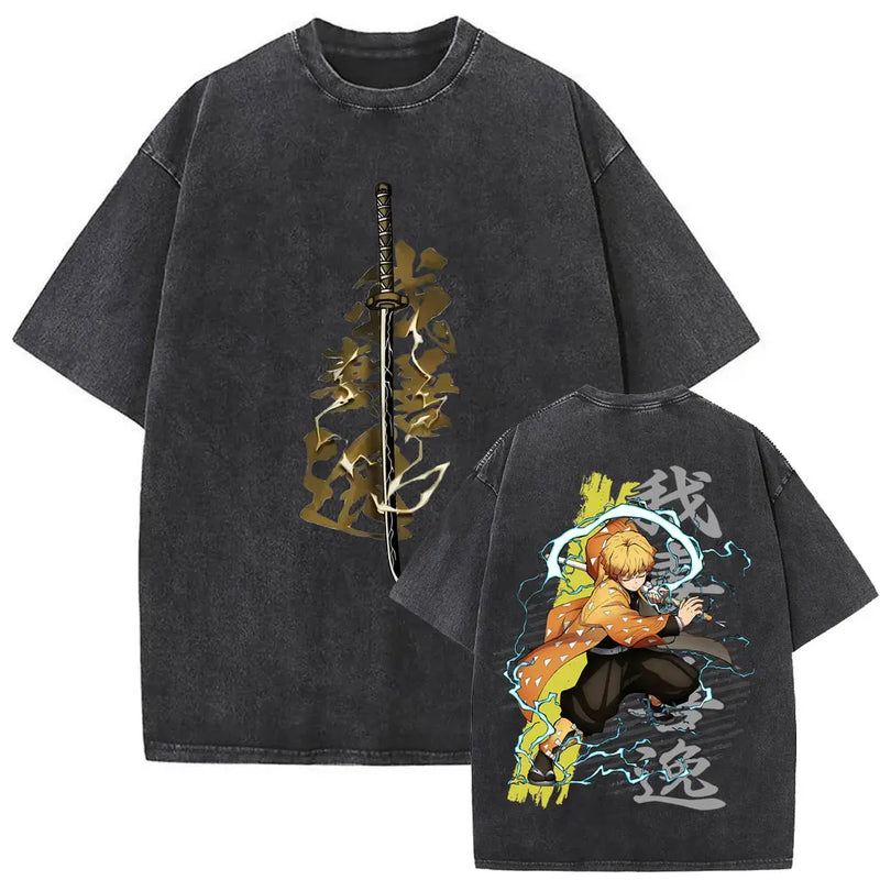 Washed Vintage Anime Demon Slayer Kokushibo Double Sided Print T Shirt Men Women Clothing High Quality Cotton Oversized T-shirts