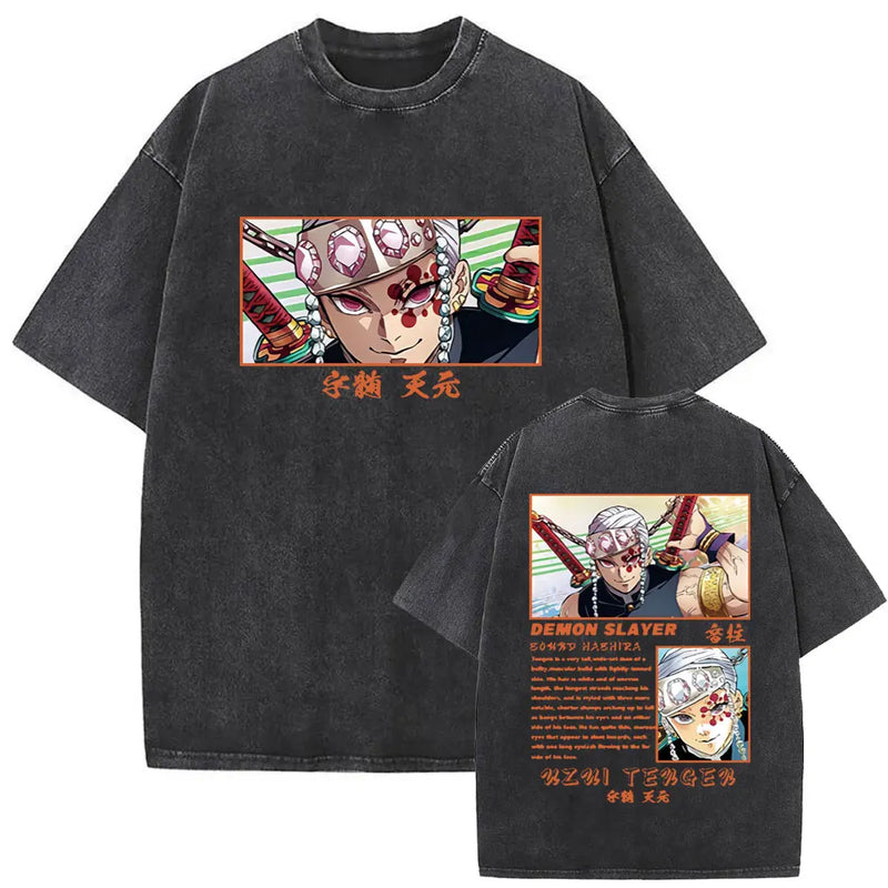 Washed Vintage Anime Demon Slayer Uzui Tengen Eyes Graphic T-shirt Men Women Casual 100% Cotton T-shirts Male Oversized T Shirt