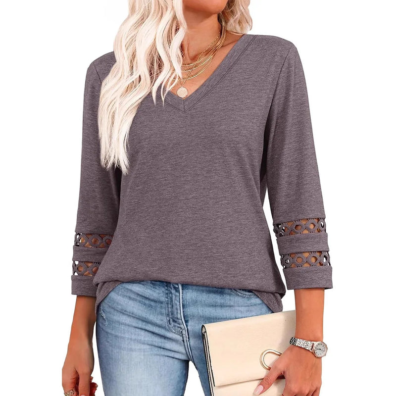 Spring & Autumn Casual V-Neck Blouse – 3/4 Sleeve Women’s Pullover Top