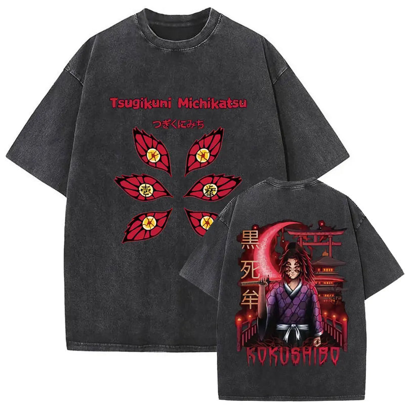 Washed Vintage Anime Demon Slayer Uzui Tengen Eyes Graphic T-shirt Men Women Casual 100% Cotton T-shirts Male Oversized T Shirt
