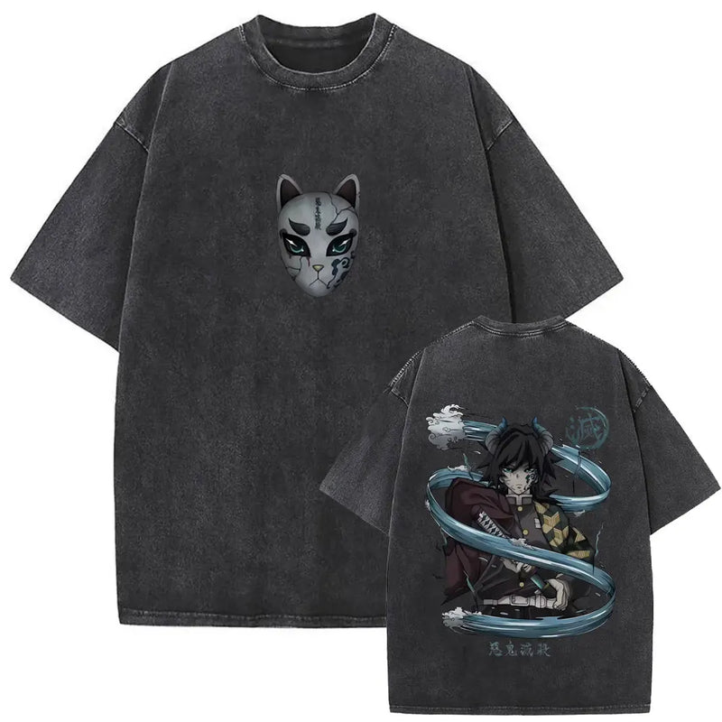 Washed Vintage Anime Demon Slayer Kokushibo Double Sided Print T Shirt Men Women Clothing High Quality Cotton Oversized T-shirts