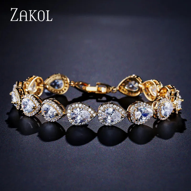 ZAKOL Luxury Water Drop Zirconia Bracelets for Elegant Women Teardrop Charm Bracelet Bridal Wedding Jewelry