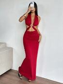 Red Hollow-Out Lace-Up Maxi Dress – Bold & Sexy