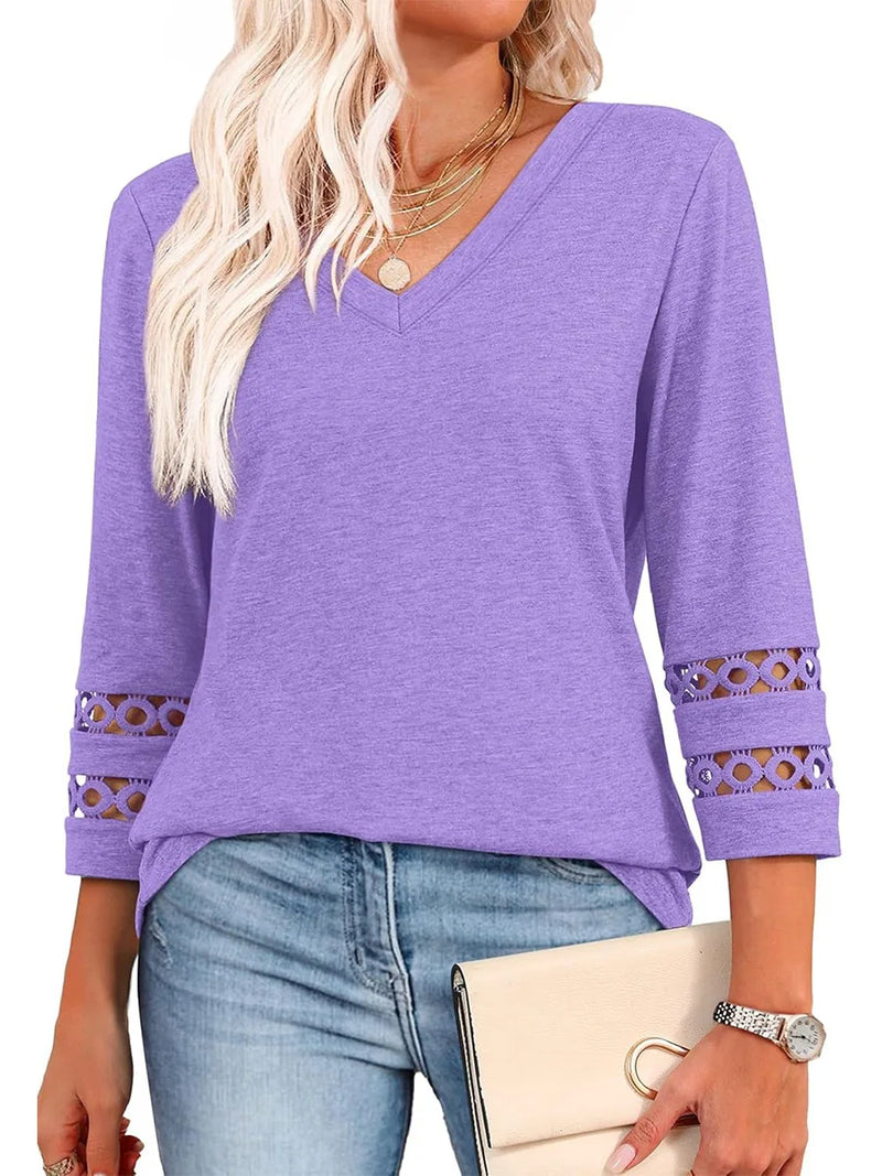 Spring & Autumn Casual V-Neck Blouse – 3/4 Sleeve Women’s Pullover Top