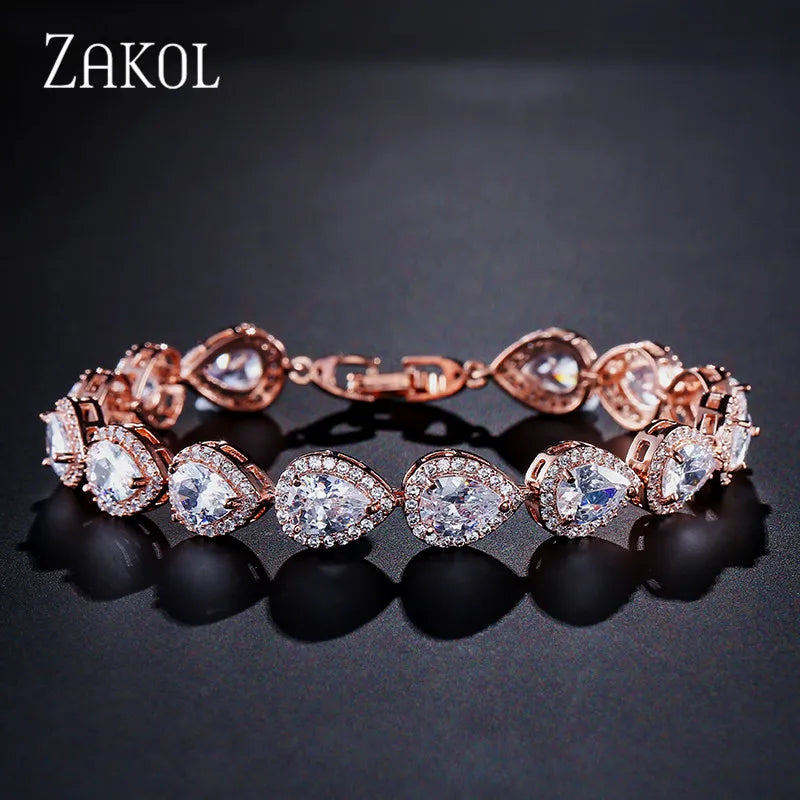 ZAKOL Luxury Water Drop Zirconia Bracelets for Elegant Women Teardrop Charm Bracelet Bridal Wedding Jewelry