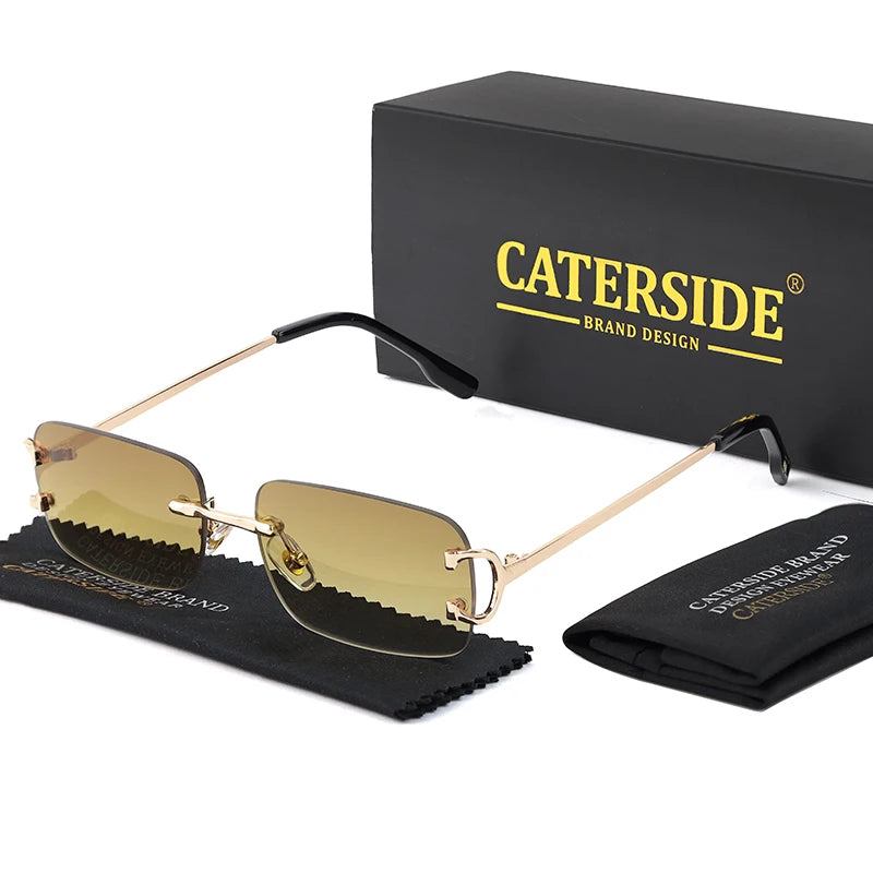 CATERSIDE Blue Rectangular Sunglasses Men Rimless Metal Fashion Square Sun Glasses For Women Gradient Lens Outdoor Eyewear UV400