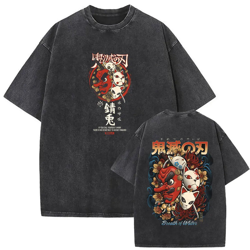 Washed Vintage Anime Demon Slayer Uzui Tengen Eyes Graphic T-shirt Men Women Casual 100% Cotton T-shirts Male Oversized T Shirt