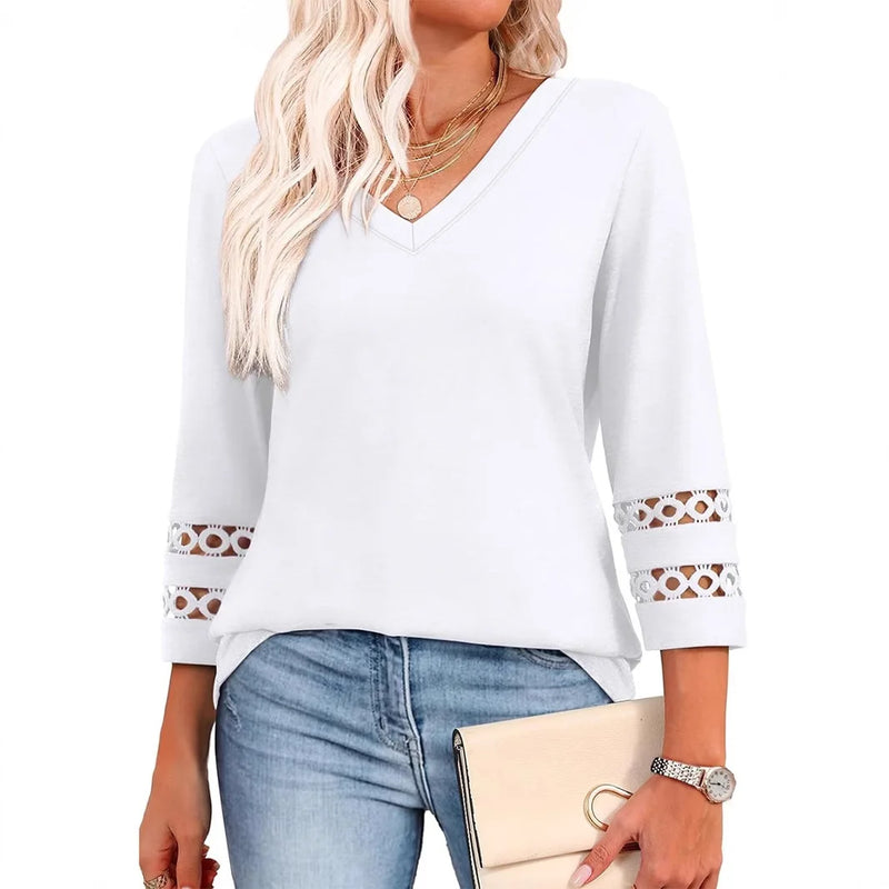 Spring & Autumn Casual V-Neck Blouse – 3/4 Sleeve Women’s Pullover Top