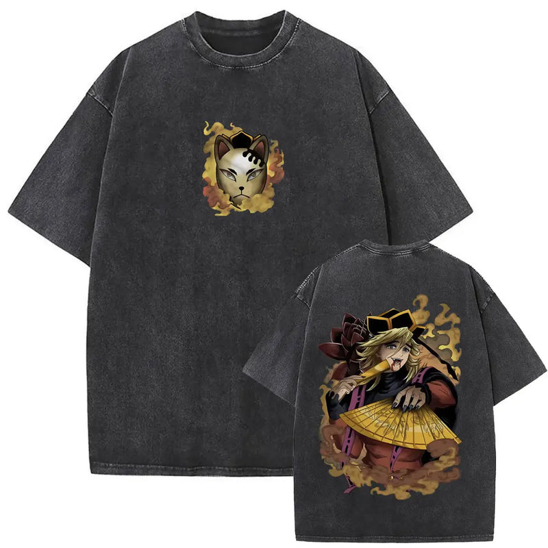 Washed Vintage Anime Demon Slayer Kokushibo Double Sided Print T Shirt Men Women Clothing High Quality Cotton Oversized T-shirts