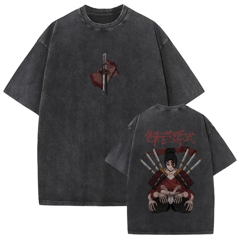 Washed Vintage Anime Demon Slayer Kokushibo Double Sided Print T Shirt Men Women Clothing High Quality Cotton Oversized T-shirts