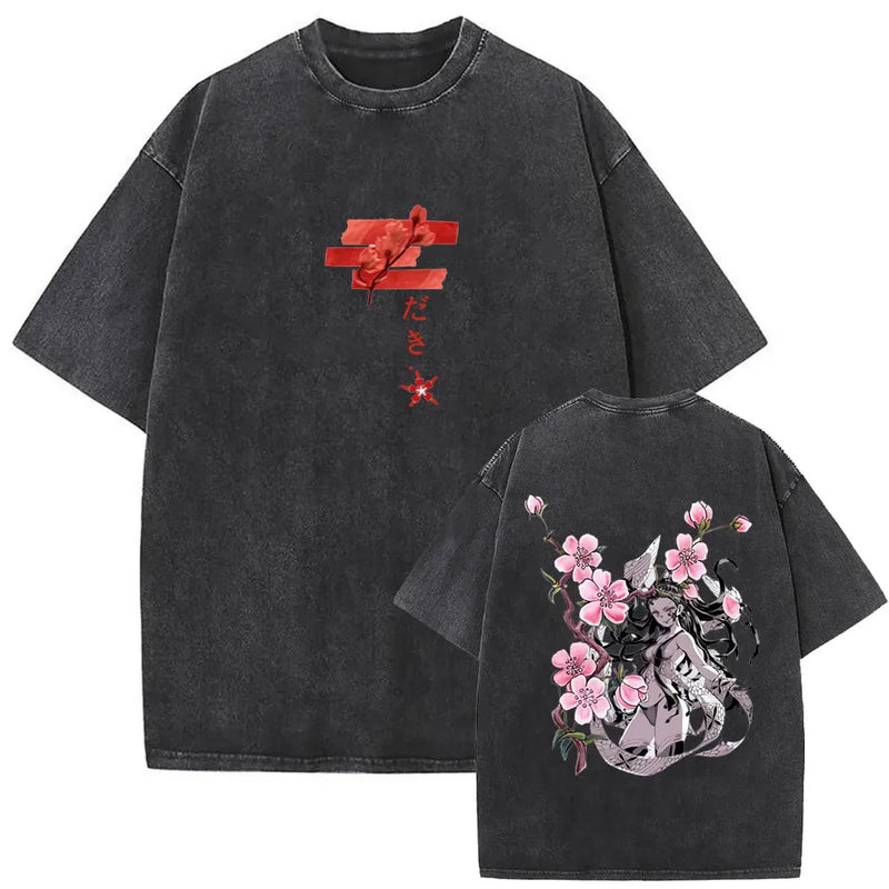 Washed Vintage Anime Demon Slayer Uzui Tengen Eyes Graphic T-shirt Men Women Casual 100% Cotton T-shirts Male Oversized T Shirt