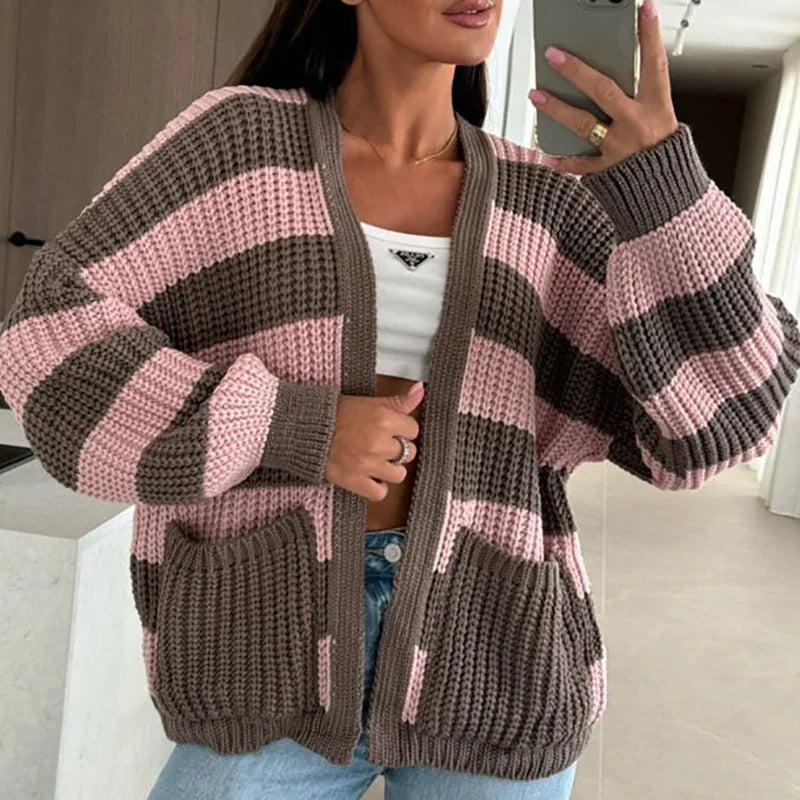 Striped V Neck Pocket Knitted Cardigan Autumn Winter Long Sleeved Loose Commuter Sweater Women's Vintage Crochet Warm Sweaters