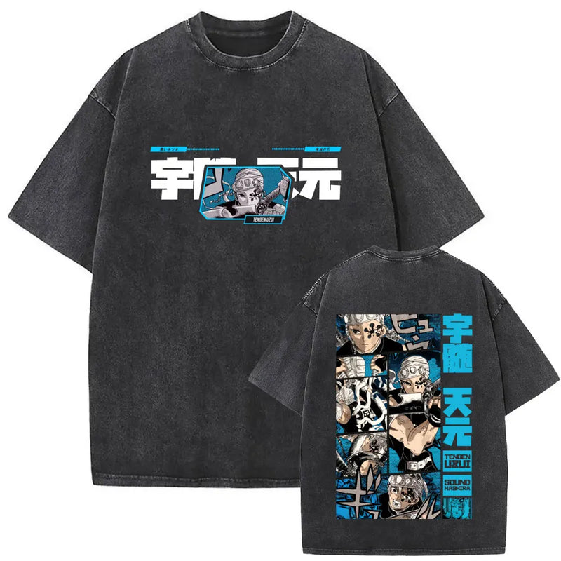 Washed Vintage Anime Demon Slayer Uzui Tengen Eyes Graphic T-shirt Men Women Casual 100% Cotton T-shirts Male Oversized T Shirt