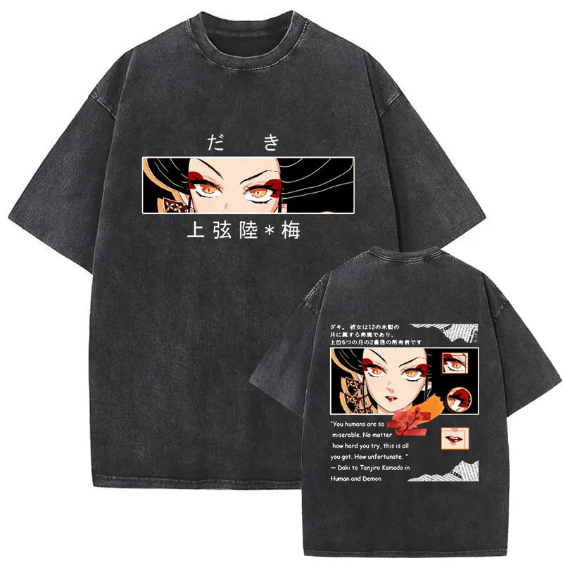 Washed Vintage Anime Demon Slayer Uzui Tengen Eyes Graphic T-shirt Men Women Casual 100% Cotton T-shirts Male Oversized T Shirt