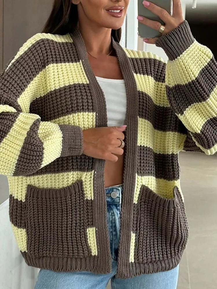 Striped V Neck Pocket Knitted Cardigan Autumn Winter Long Sleeved Loose Commuter Sweater Women's Vintage Crochet Warm Sweaters