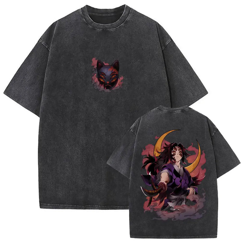 Washed Vintage Anime Demon Slayer Kokushibo Double Sided Print T Shirt Men Women Clothing High Quality Cotton Oversized T-shirts